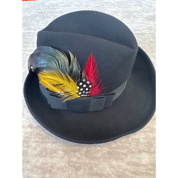 Vintage Lancaster Black Fedora Hat With Feather Accent & Ribbon Trim XS - Picture 2 of 8